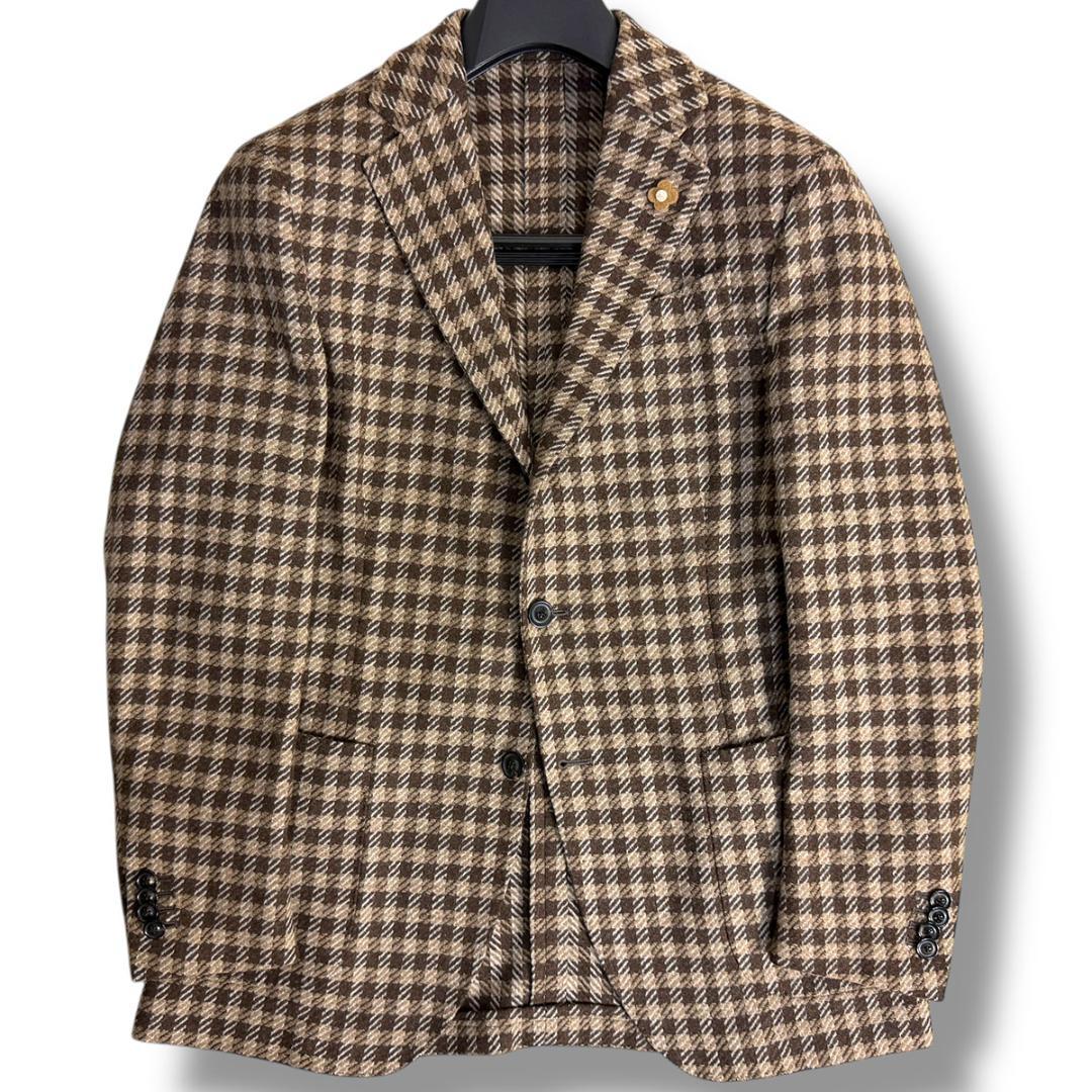 J6437 美品 ラルディーニ カシミヤ混チェック柄テーラードジャケット 茶48