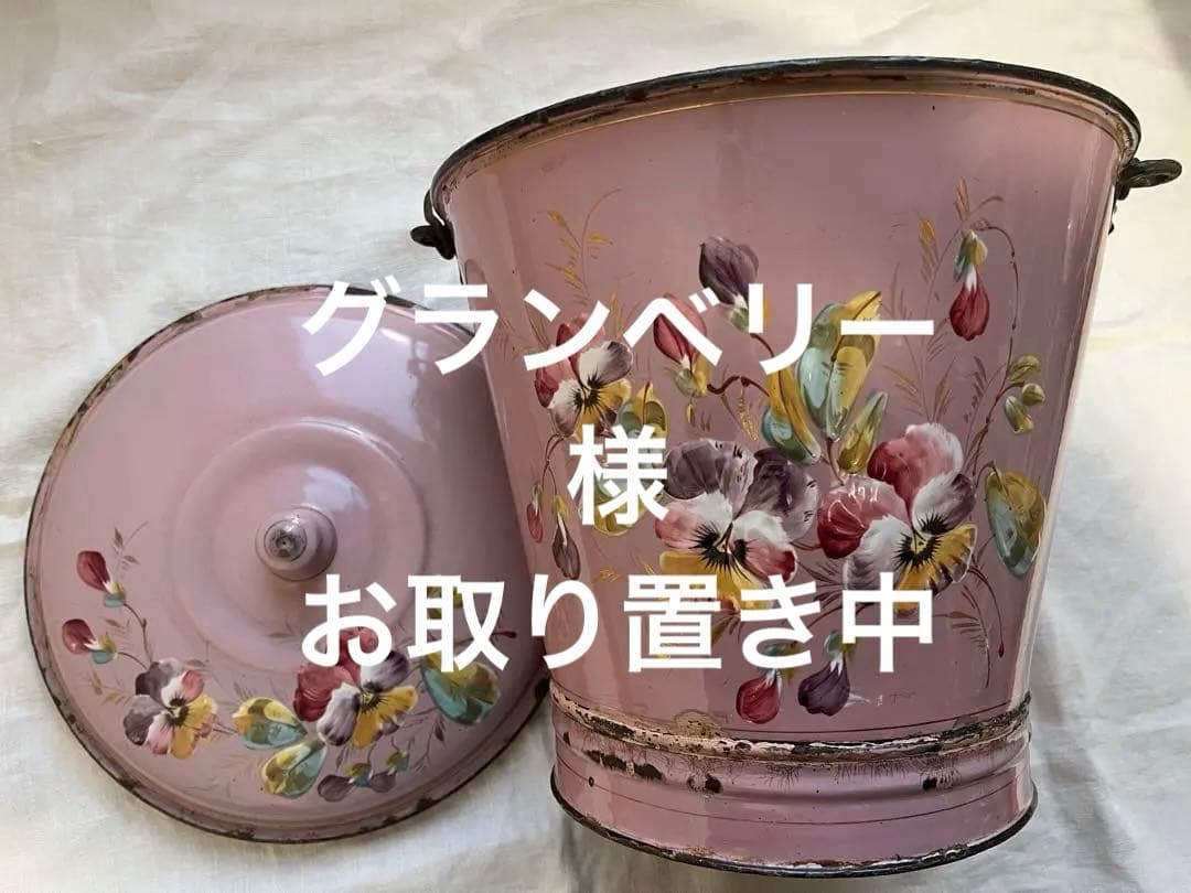 希少♡フランスアンティーク　ピンク　手描き　ホーロー　バケツ　ハンドペイント