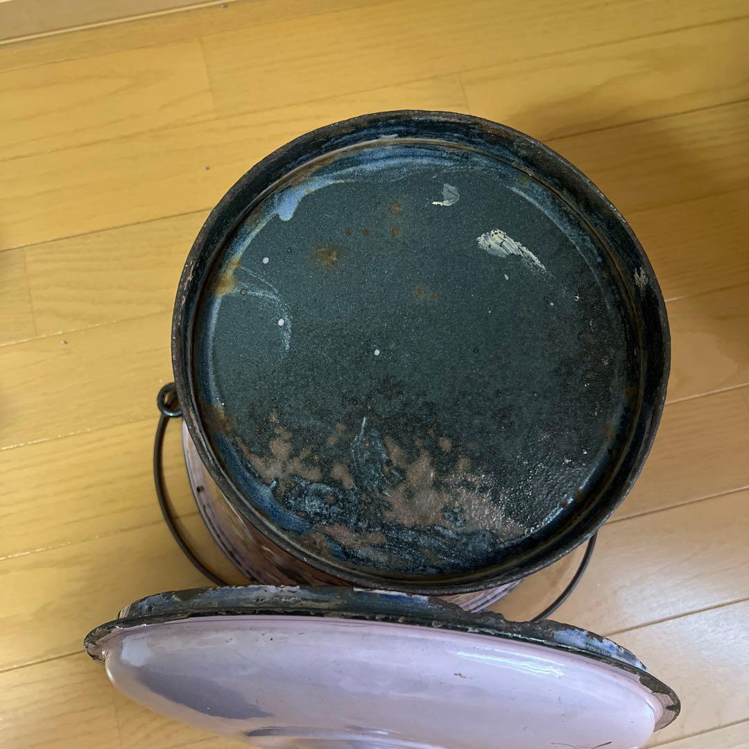 希少♡フランスアンティーク　ピンク　手描き　ホーロー　バケツ　ハンドペイント