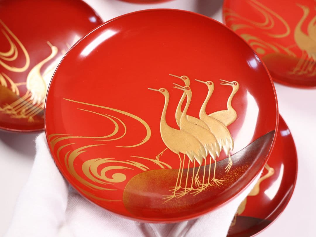 【CM374】時代木製漆器 光琳写 金蒔絵 群鶴図 朱塗 引盃 五客 小皿 杯