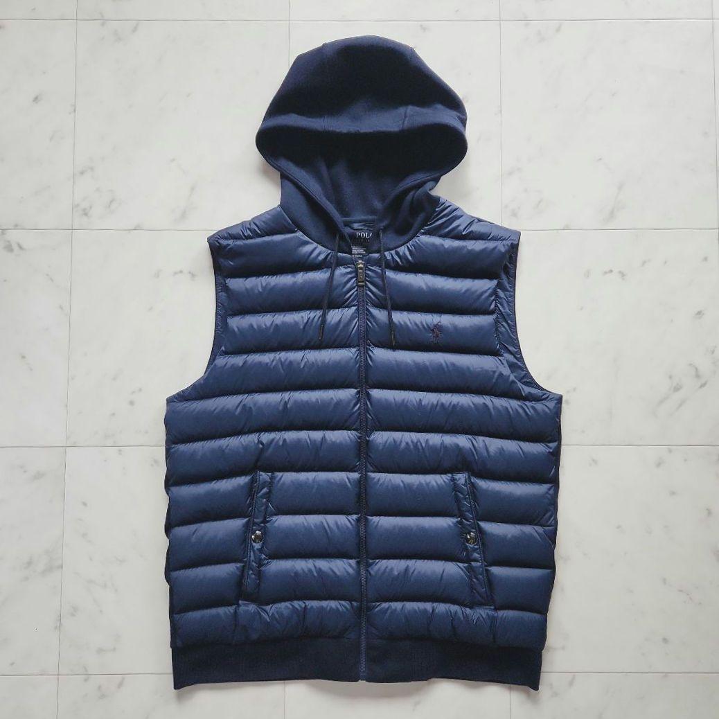 美品 ラルフローレン 切替 ポニー刺繍 ダウンベスト 紺 フード付き Mサイズ