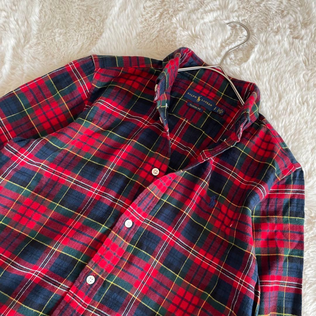 美品　ラルフローレン　S ネルシャツ　タータンチェック　ポニー刺繍　レッド系
