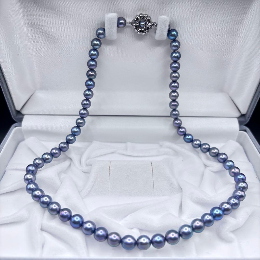 照り最強✨干渉色◎ あこや本真珠 7mmパールネックレス シルバー/ブルーグレー