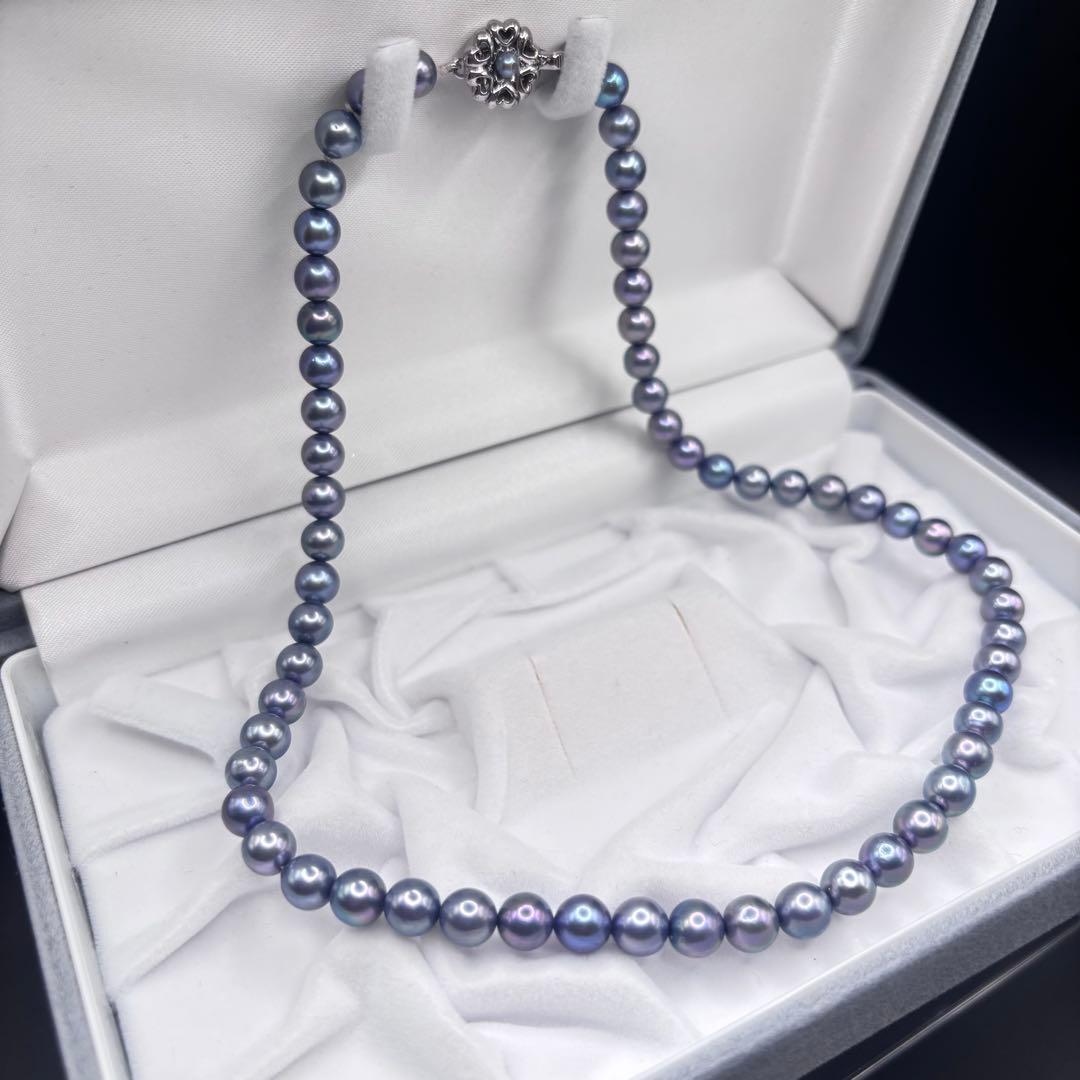 照り最強✨干渉色◎ あこや本真珠 7mmパールネックレス シルバー/ブルーグレー