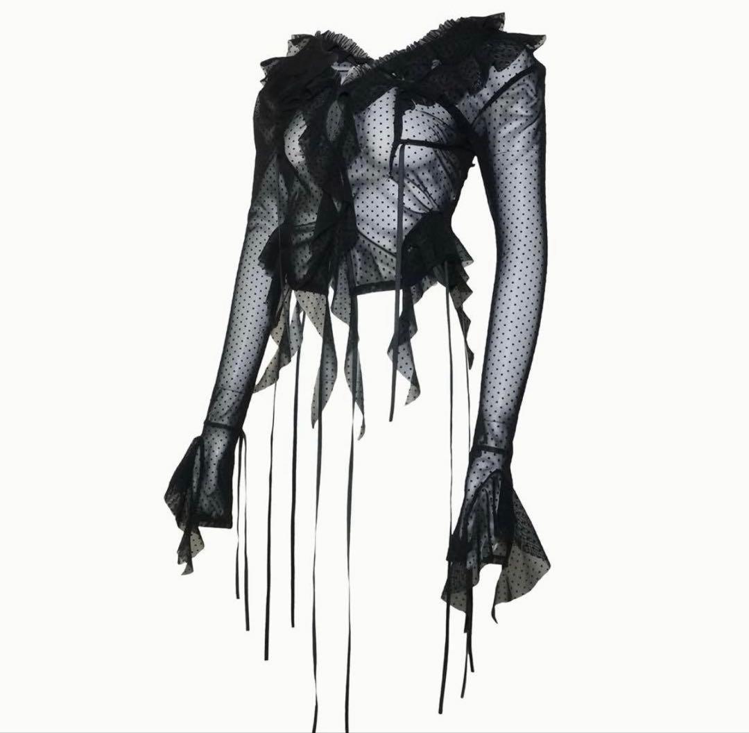 トップス THEREDTHREAD S dot flow frill tops black