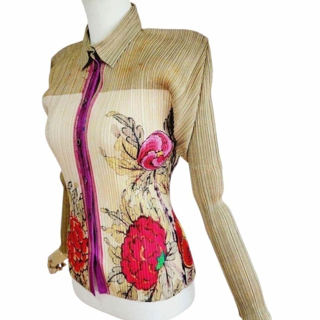 希少　名作　1998 プリーツプリーズ　日本画　花柄 牡丹 長袖シャツ