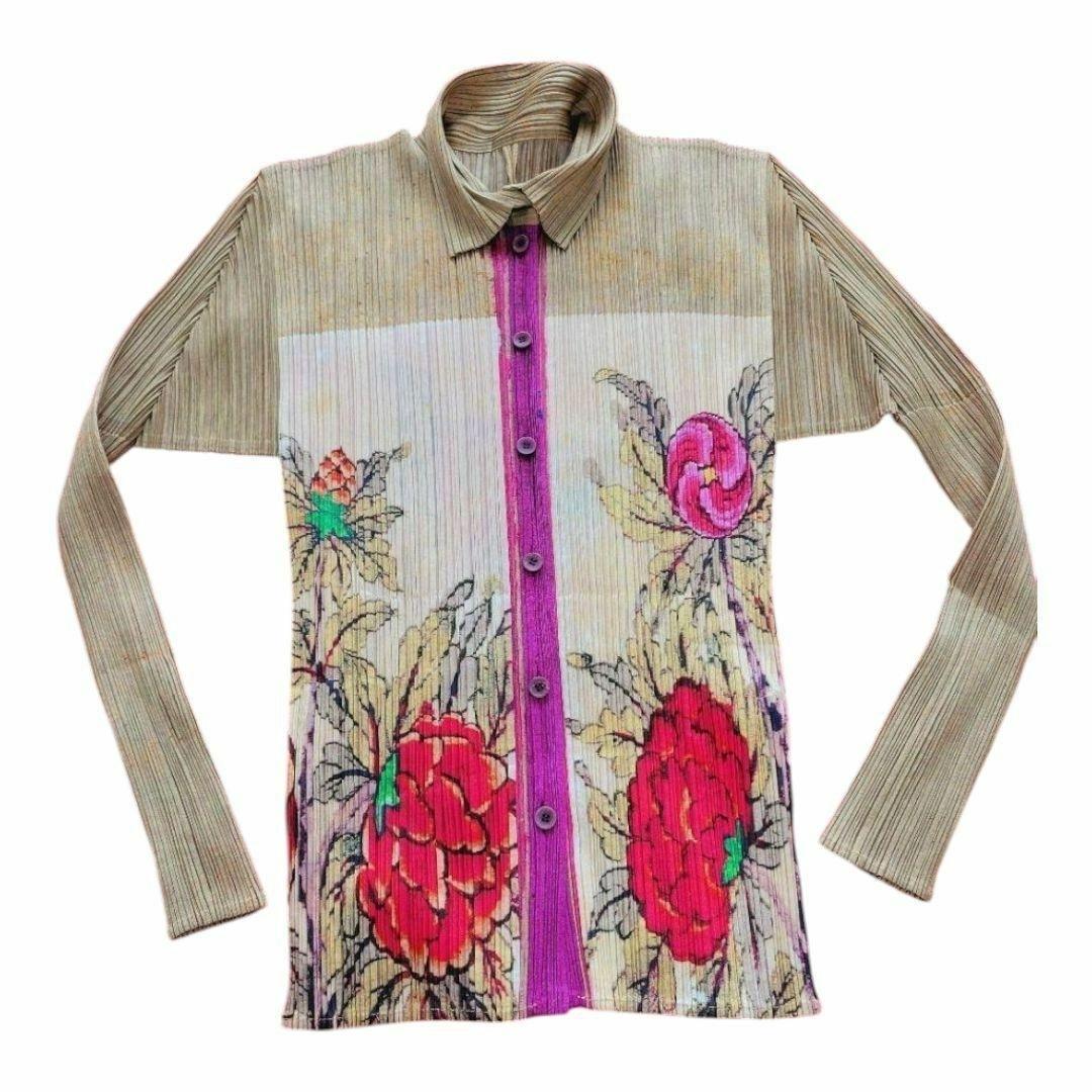 希少　名作　1998 プリーツプリーズ　日本画　花柄 牡丹 長袖シャツ