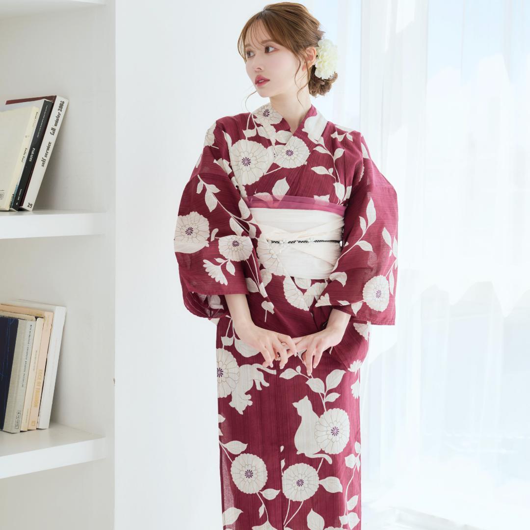 新品 浴衣のみ　帯無しえんじ 白 Y5-7