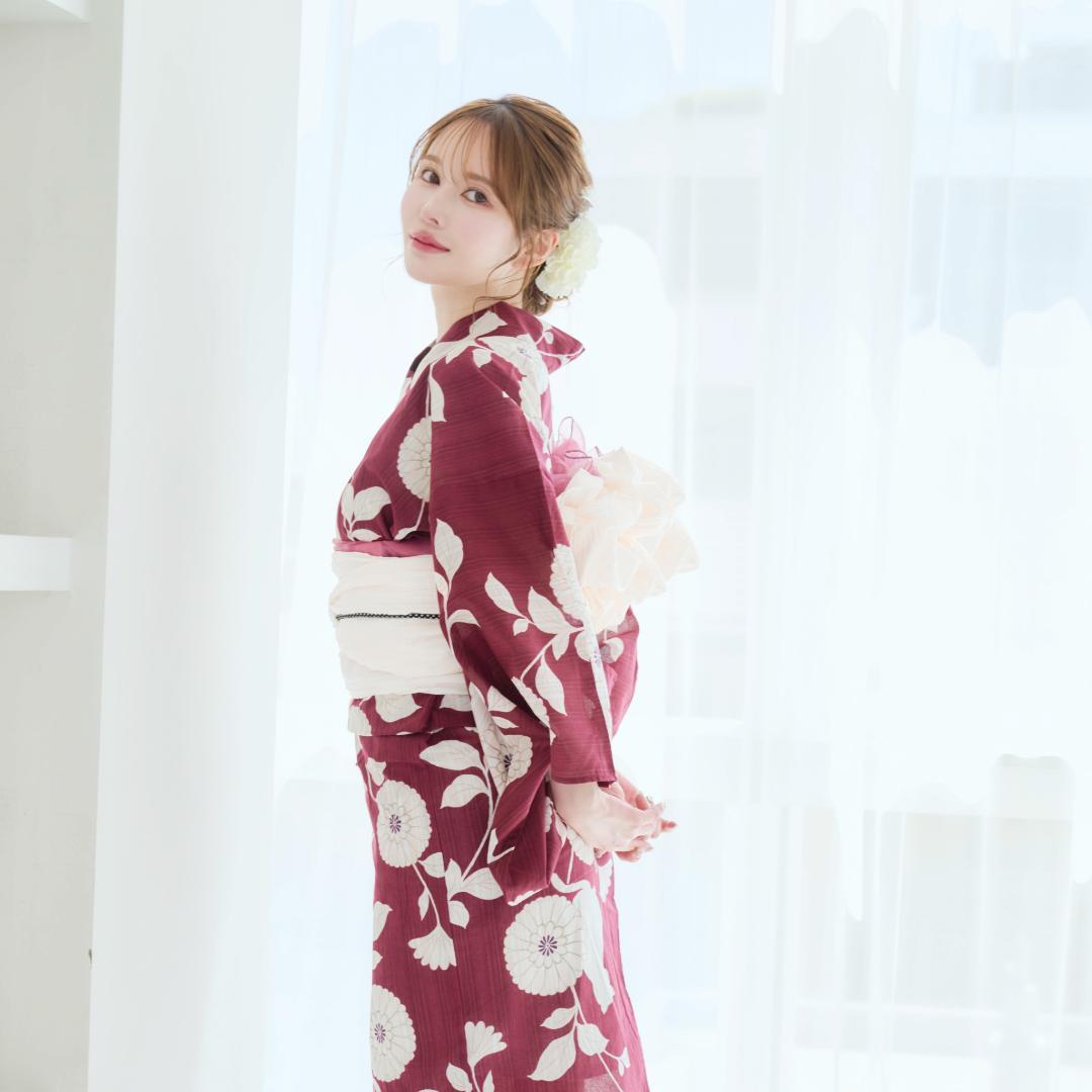 新品 浴衣のみ　帯無しえんじ 白 Y5-7