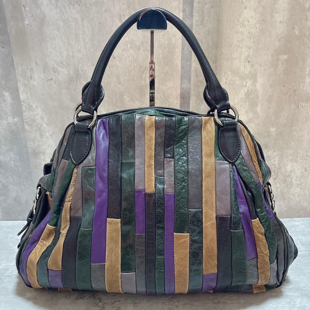 希少美品 miu miu パッチワーク ハンドバッグ Y2k マルチカラー 羊革
