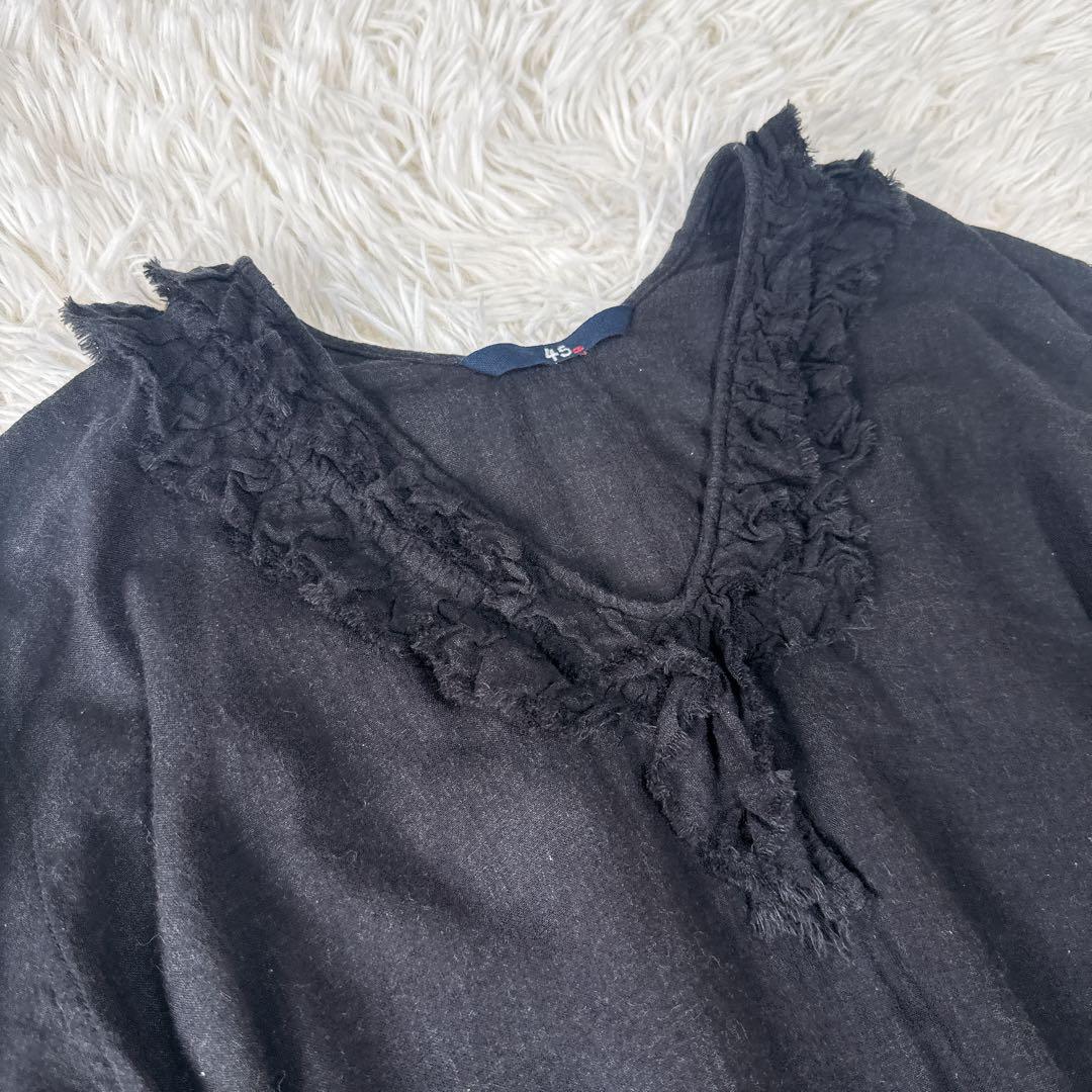 45R コットン100% フリルブラウス ブラック やわらか素材 ナチュラル風合