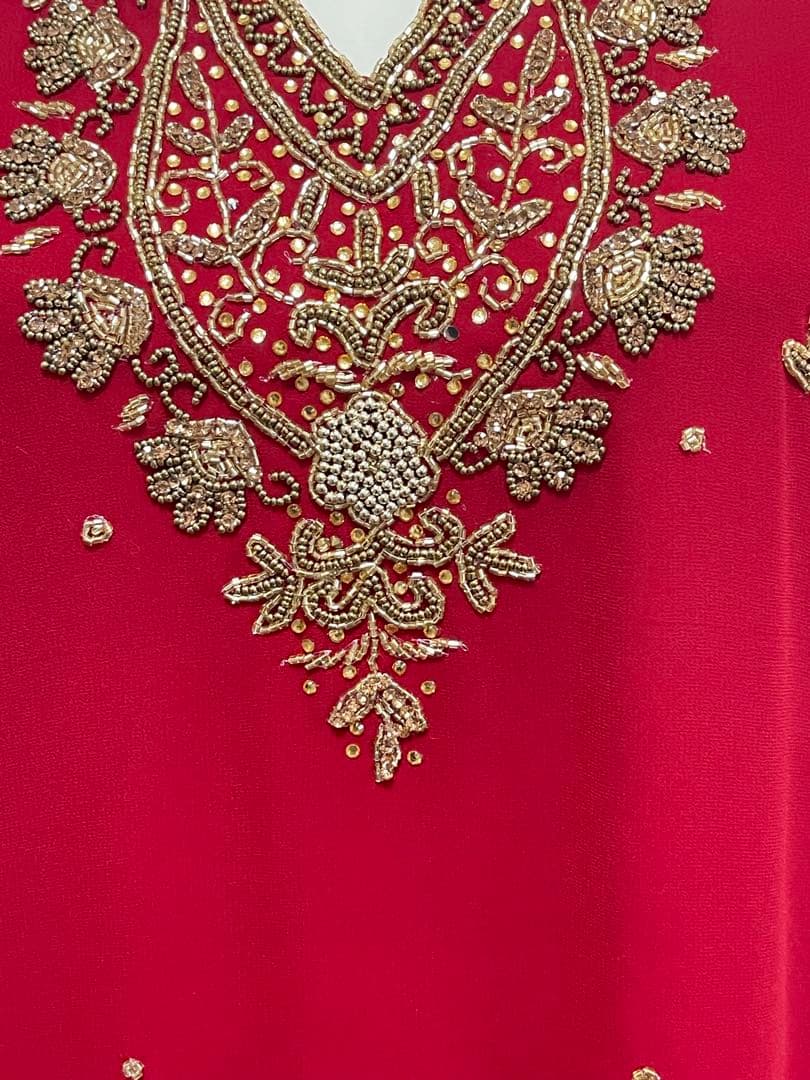 インド民族衣装高級レッド刺繍クルタセット／豪華インドパーティードレス【OT14】