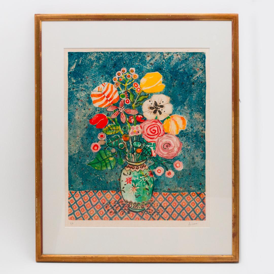 【真作・版画】ポール・アイズピリ「青いバックの花」