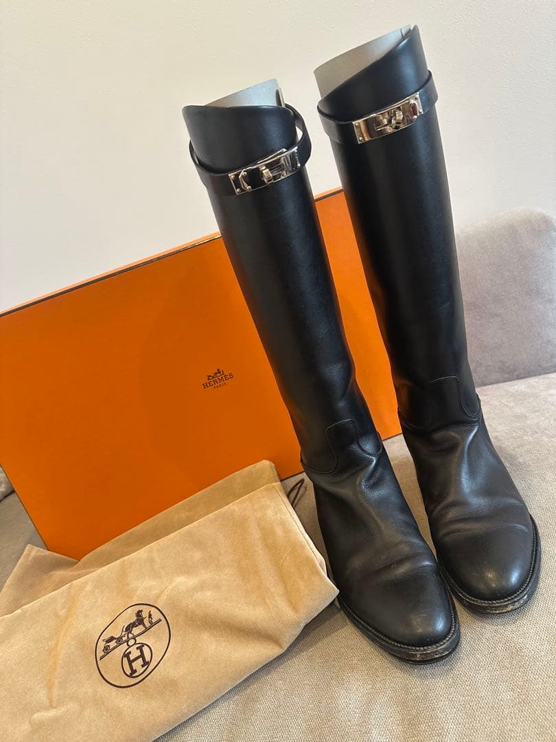 本物箱保存袋エルメスHERMESジャンピング黒革ケリーブーツシルバー金具37