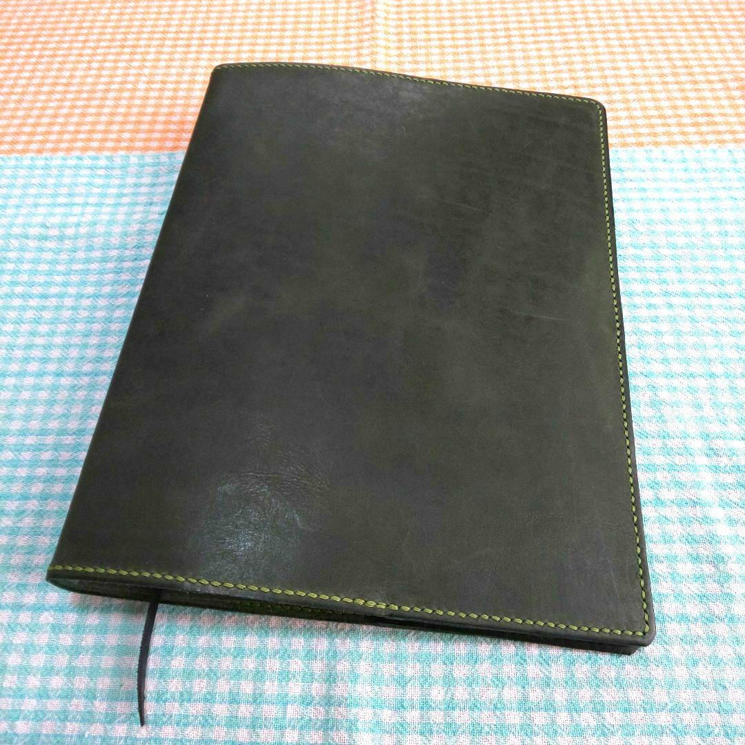 オイルワックスヌメ革 ダークグリン レザーカバー、B5 26穴バインダー付