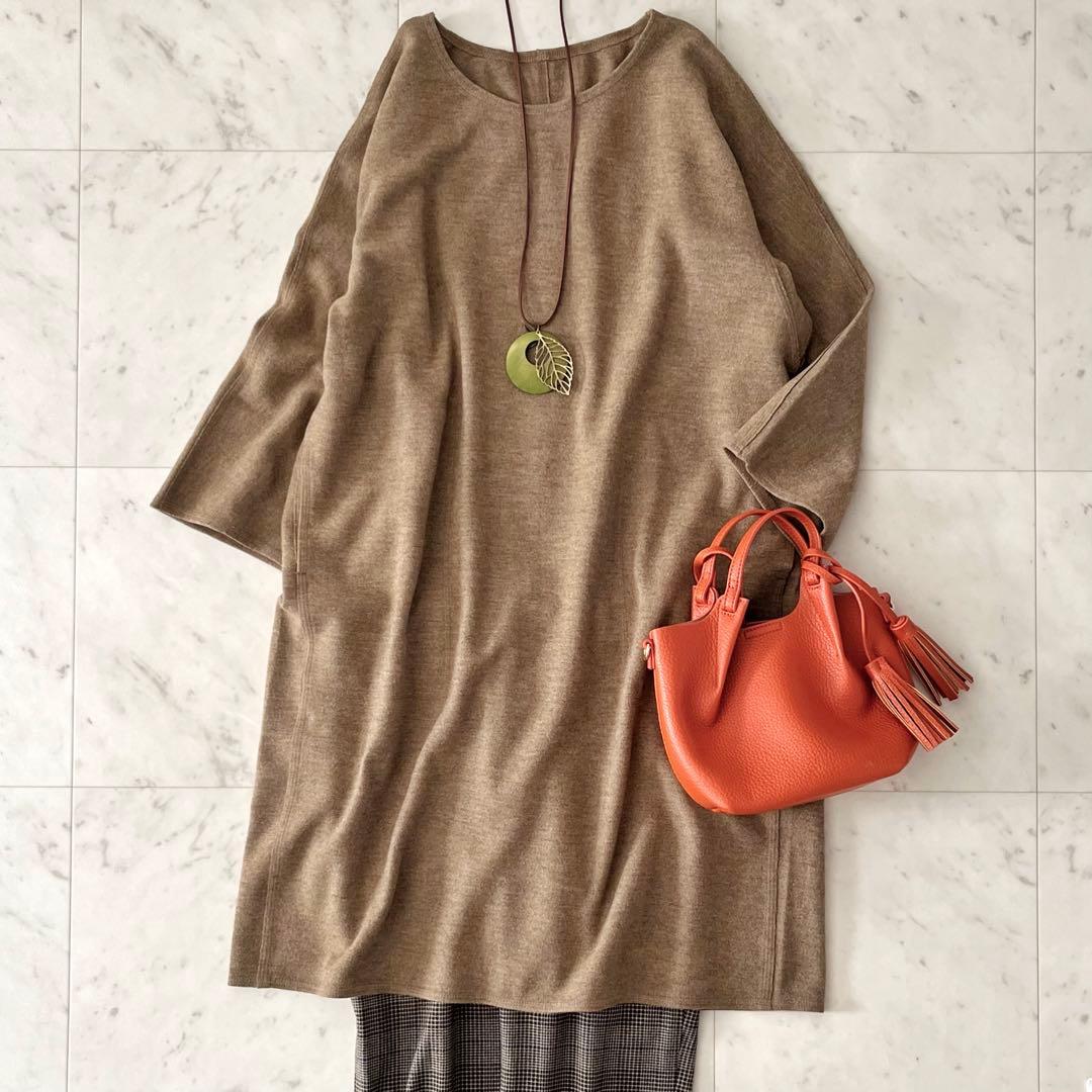 美品＊ババグーリ ウールチュニックワンピースM ベージュブラウン系 クルーネック