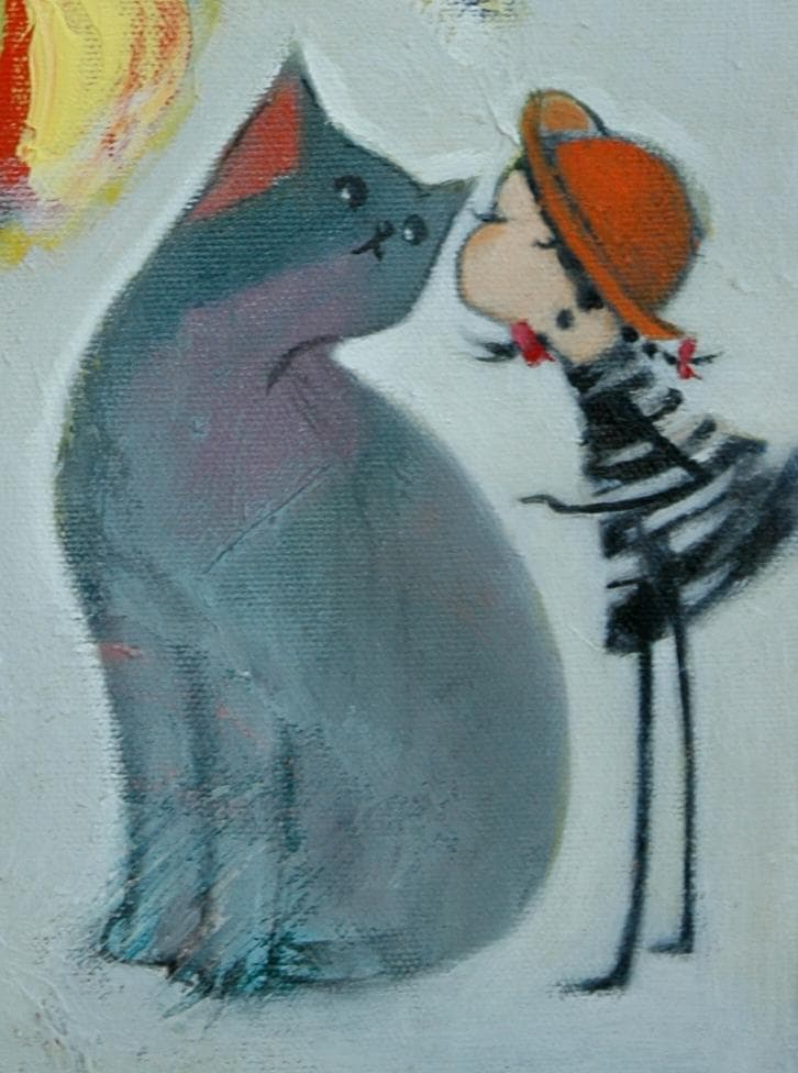 油絵 菅家令子 絵 絵画インテリア額付(黒) uF6-050320 子猫と女の子