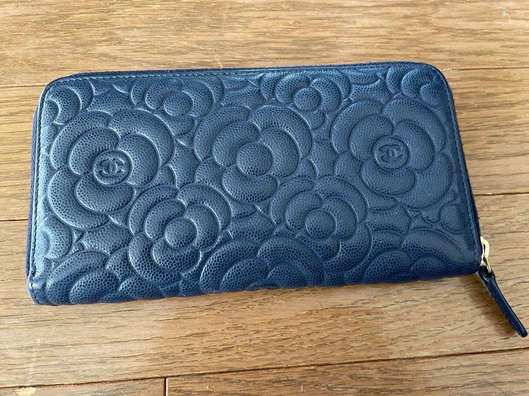 美品　CHANEL シャネル　カメリア　長財布　希少　ネイビーブルー　ウォレット