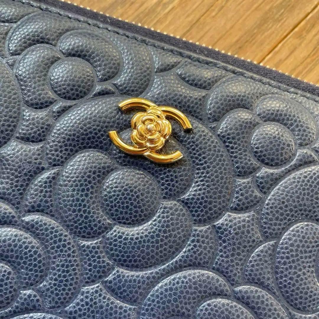 美品　CHANEL シャネル　カメリア　長財布　希少　ネイビーブルー　ウォレット