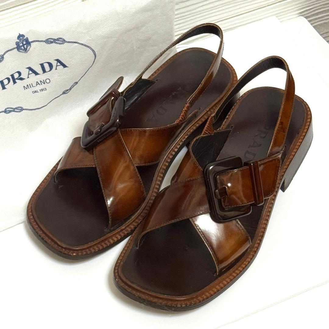 プラダ PRADA サンダル ブラウン ビッグバックル ヴィンテージ風 37