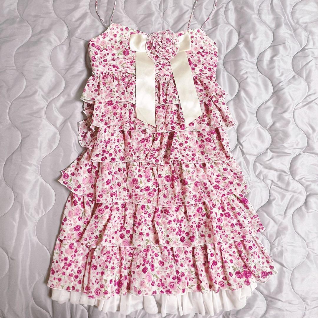 【美品】ジーザスディアマンテ　膝丈ワンピース　ローズ柄　小花柄　ピンク　M