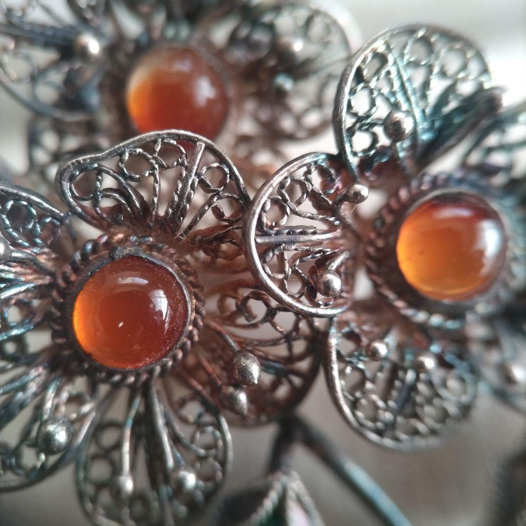 梅 銀線細工 ブローチ SILVER ヴィンテージ フィリグリー 中国古玩 簪