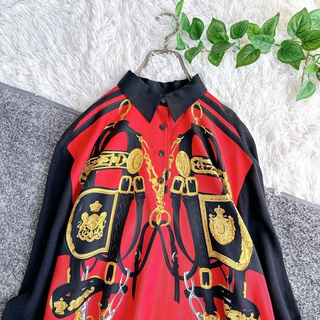 オールド エルメス ニット　シャツ　切替　異素材　スカーフ柄　シルク　カシミヤ