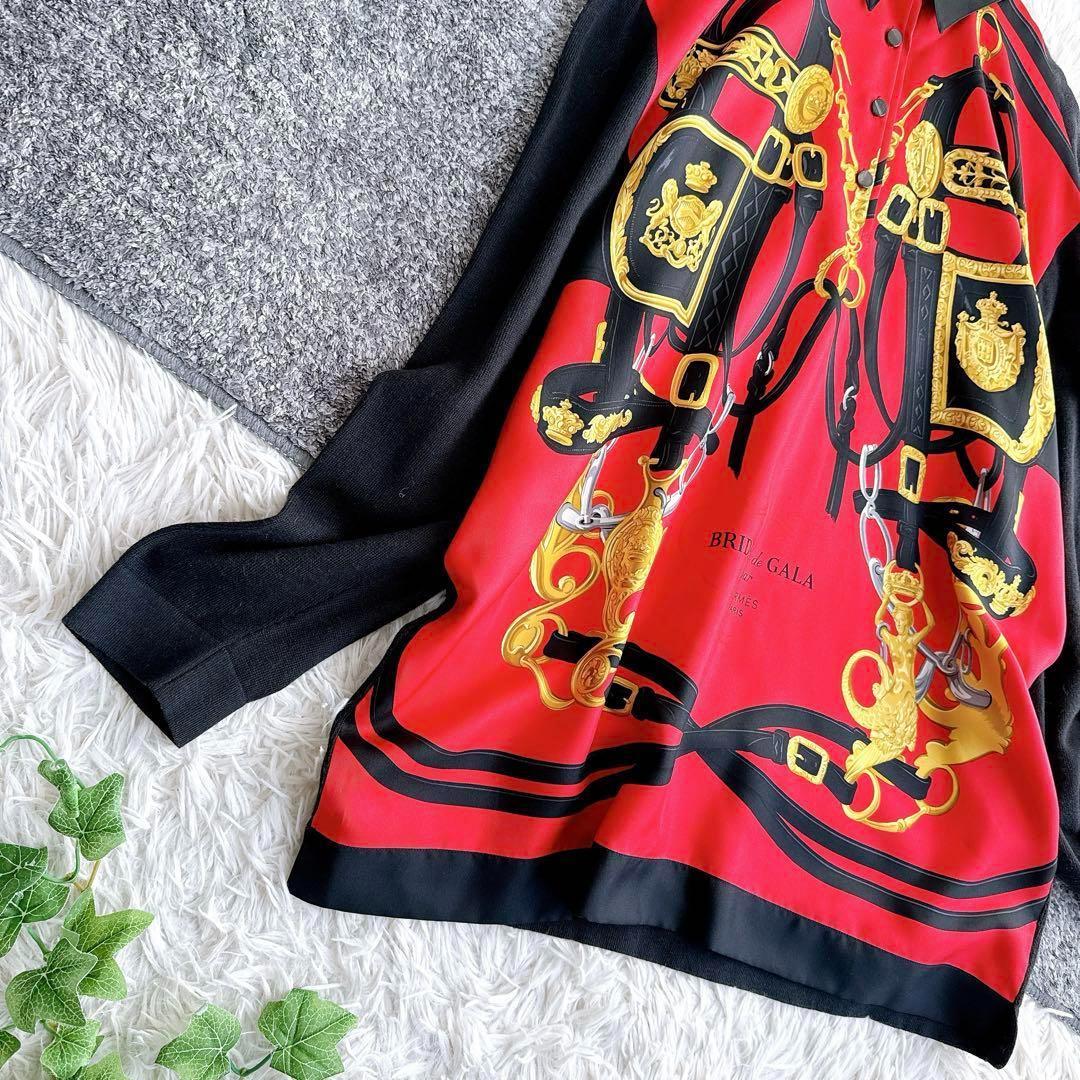 オールド エルメス ニット　シャツ　切替　異素材　スカーフ柄　シルク　カシミヤ