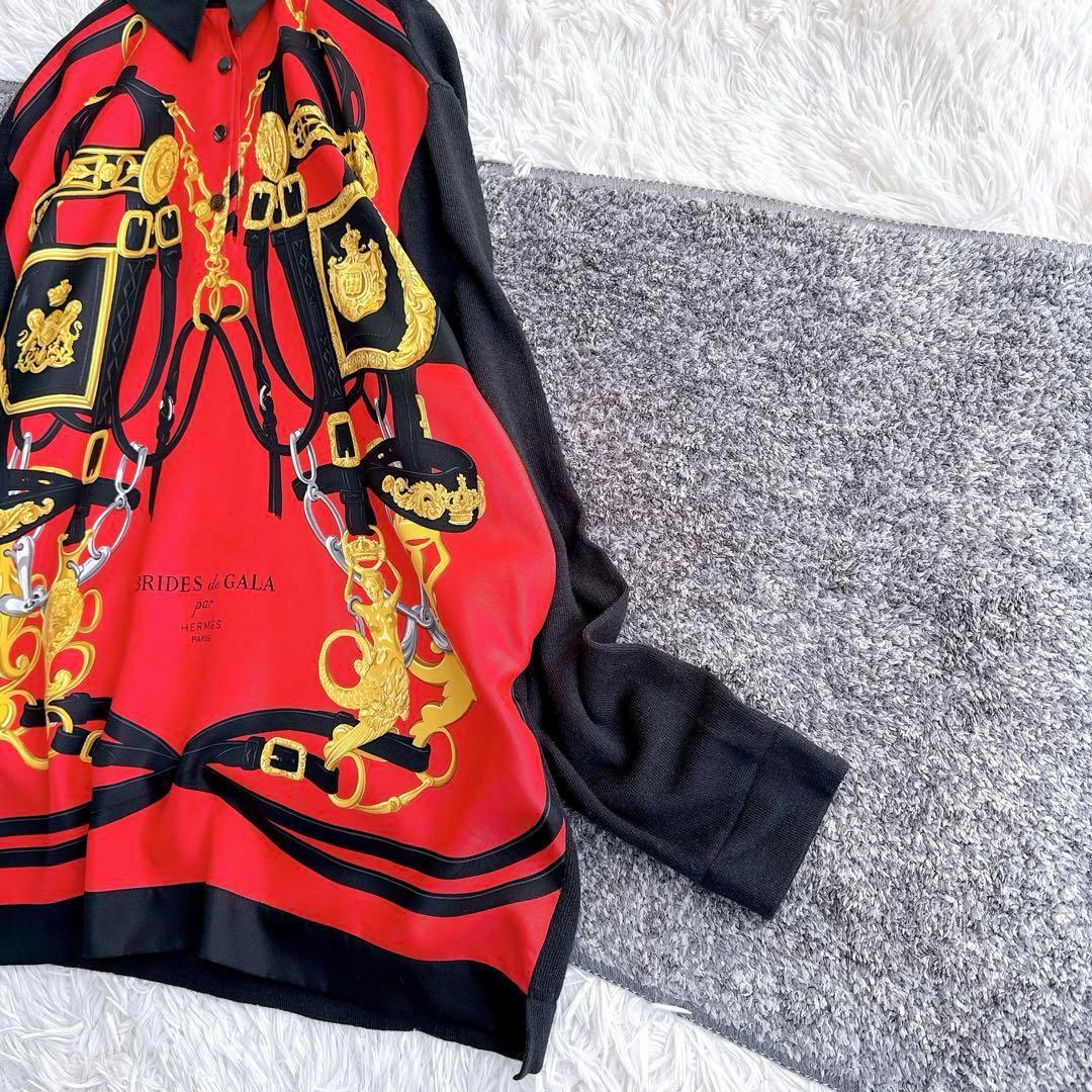 オールド エルメス ニット　シャツ　切替　異素材　スカーフ柄　シルク　カシミヤ