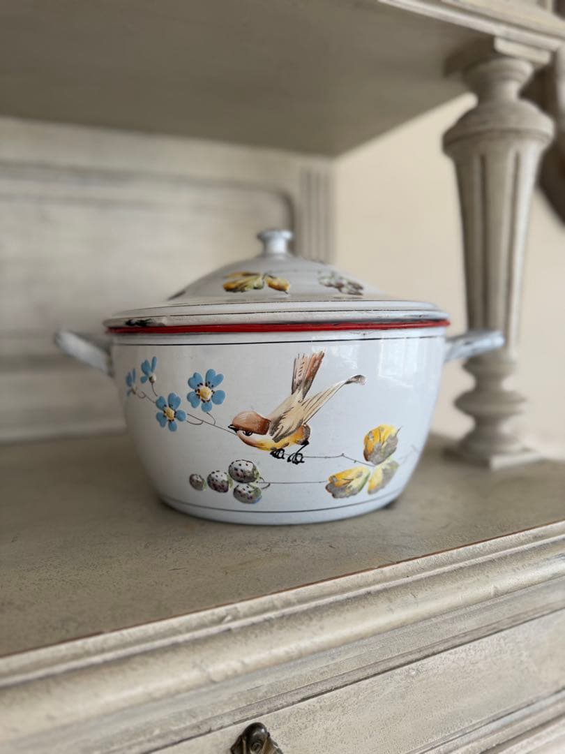 フランスアンティークJapy社小鳥とベリーのホーロースーピエールチューリーン