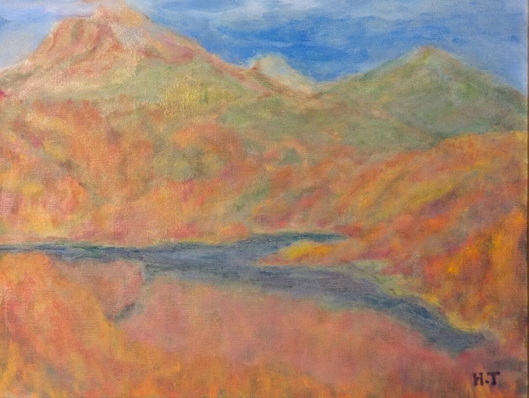 【真作】絵画　油彩8号　秋彩の山並み　柔らかな筆致が描く湖畔の風景画　Y105