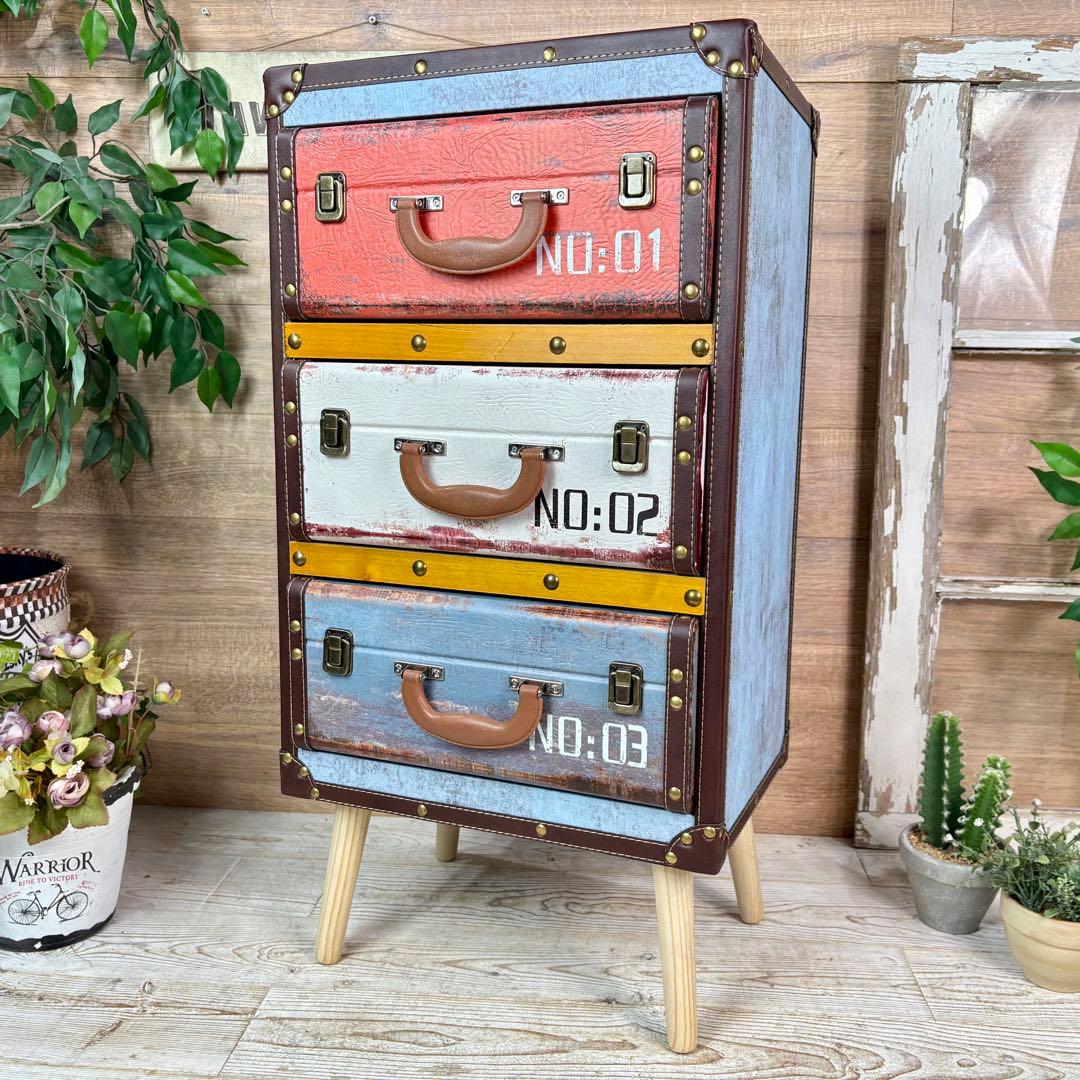 アンティーク調レザートランクチェスト三段脚付（41㎝×80㎝）洋タンス木製飾り棚