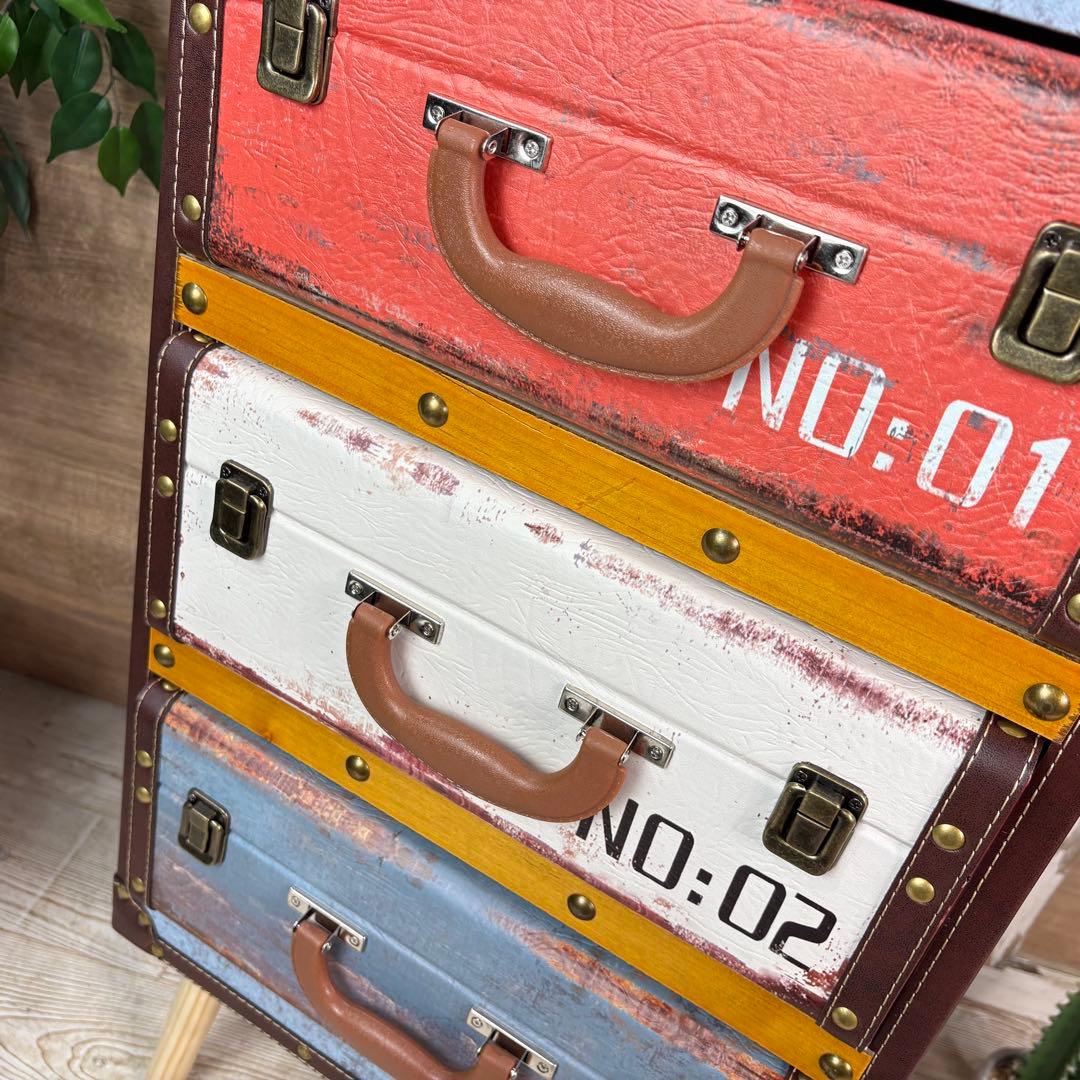 アンティーク調レザートランクチェスト三段脚付（41㎝×80㎝）洋タンス木製飾り棚