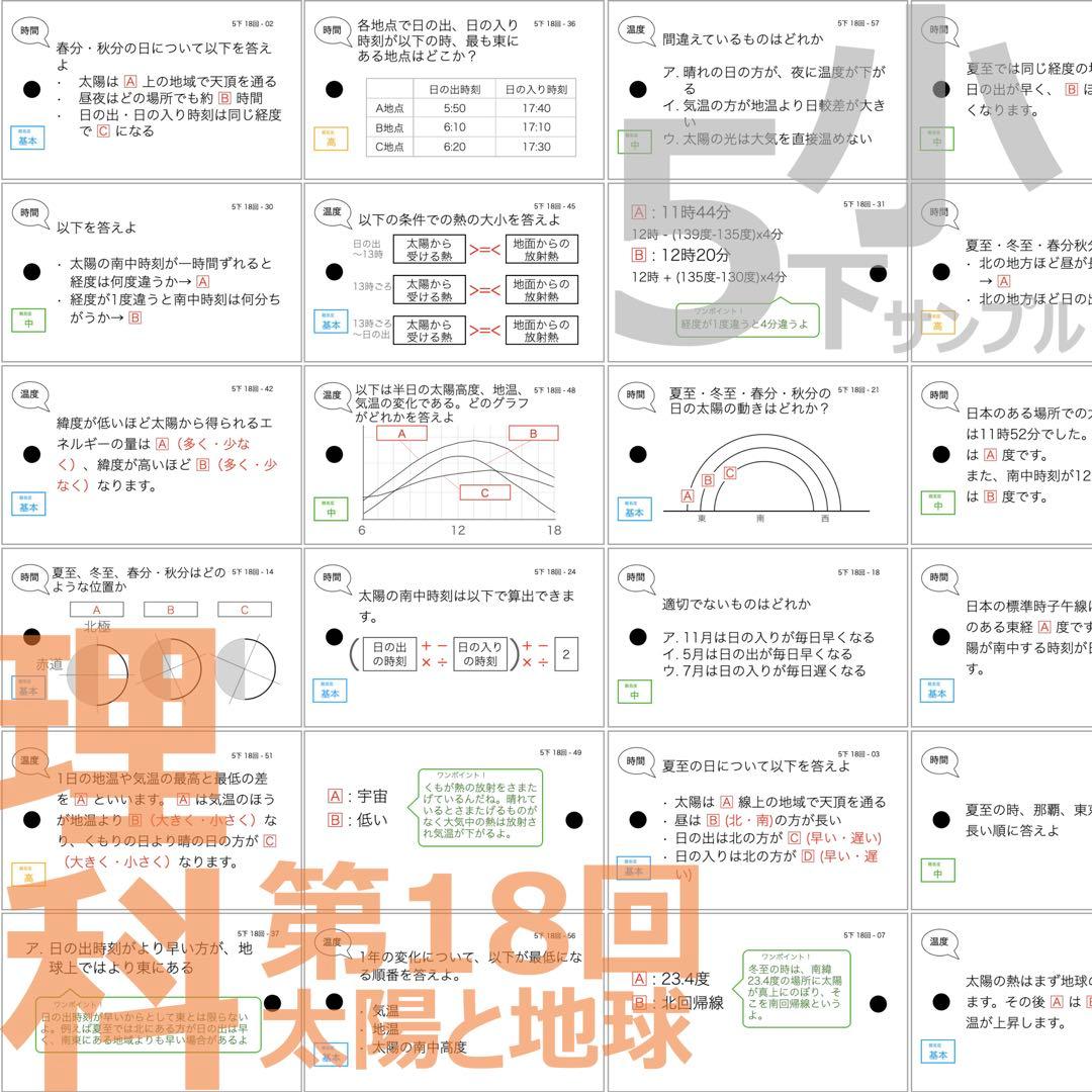 中学受験【5年下 全セット 社会・理科1-18回】 暗記カード 予シリ 組み分け