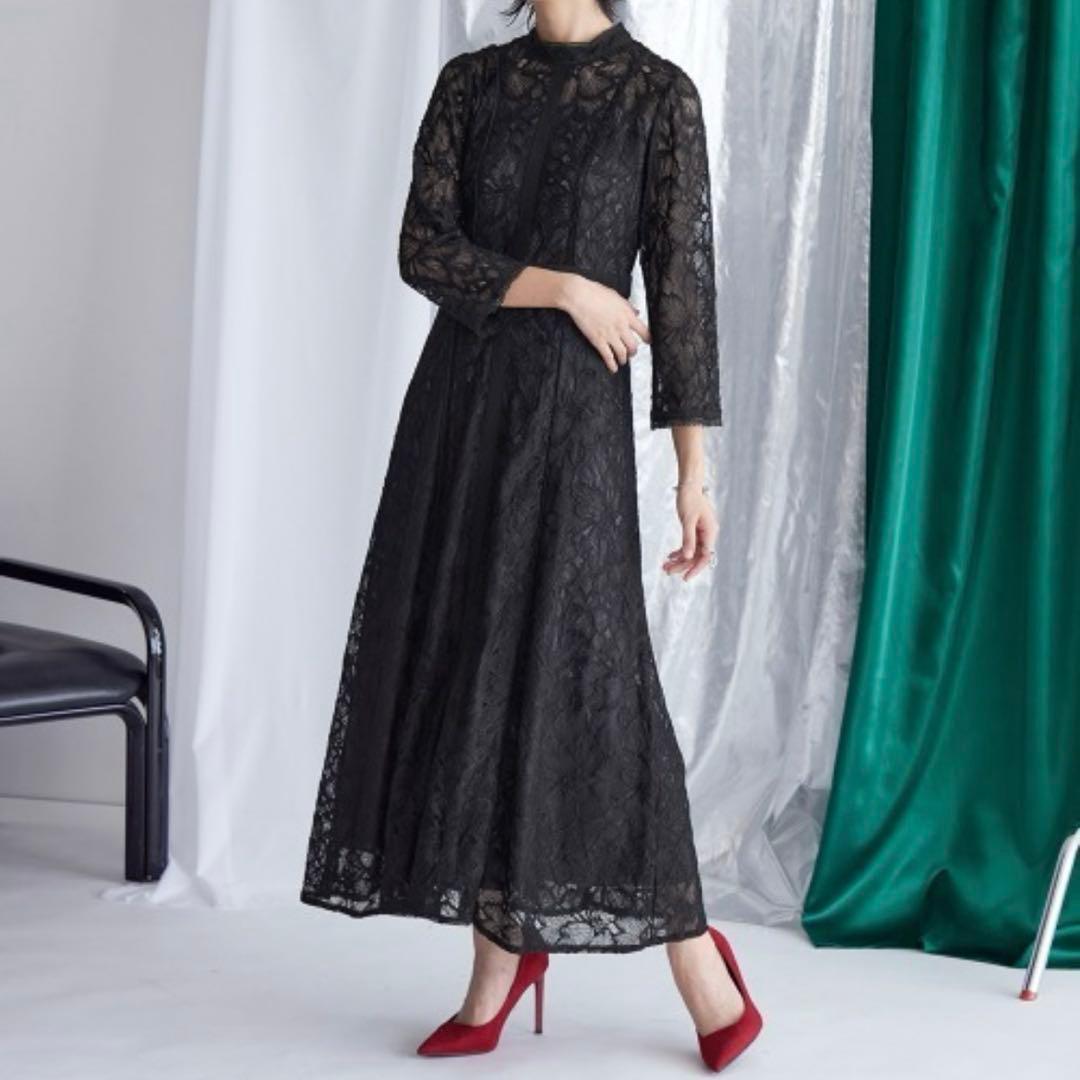 カラルス　スタンドカラーウエスト切替総レースワンピースドレス　ブラック　L