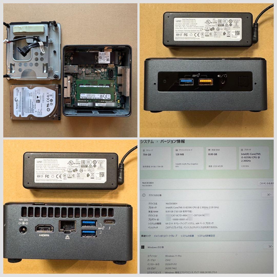 ミニPC Intel NUC8i5BEH i5 8GB SSD256GB HDD500GB