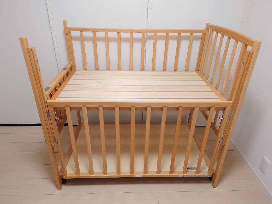 美品除菌済ヤマサキベビーベッド ハイタイプベッドツーオープン床板すのこ標準サイズ