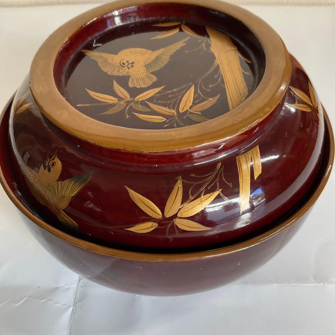 輪島塗　天然木蒔絵「竹に雀文」吸物椀(雑煮椀)10脚揃　明治後期から大正頃