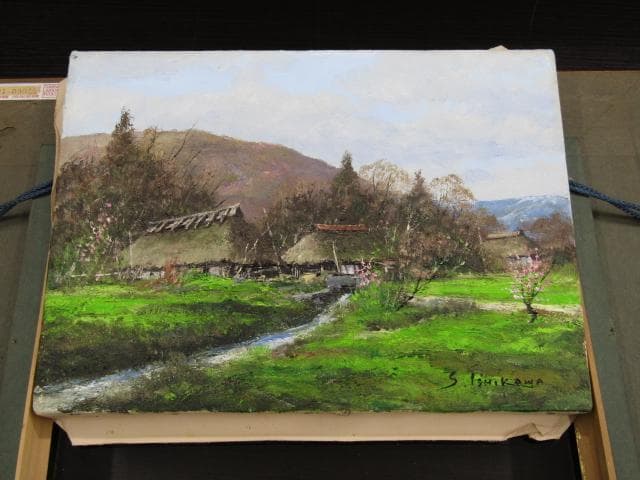 石川 茂男 『奥信濃』油彩4号 長野県下水内郡 直筆サインあり 木製額縁付き