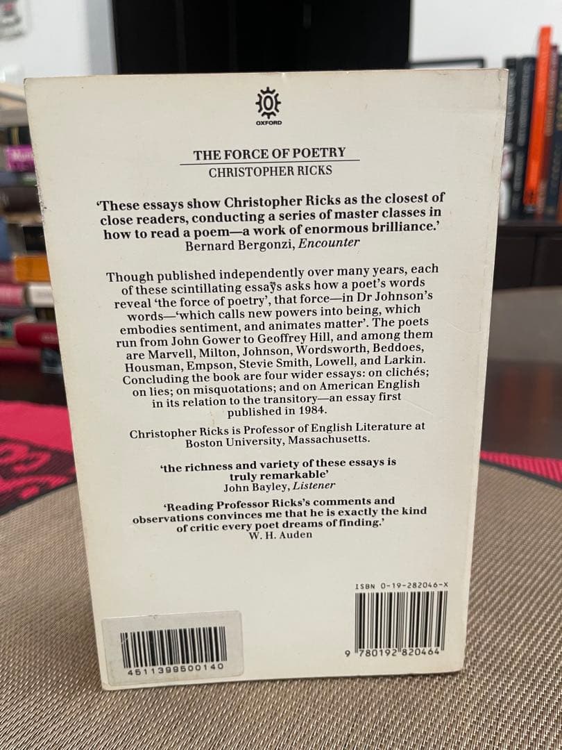 希少　The Force of Poetry Christopher Ricks