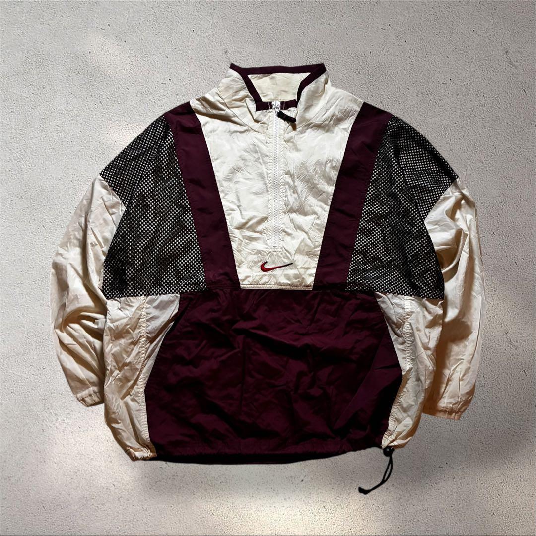 90s NIKEナイロンジャケットハーフジップ刺繍ロゴメッシュバックロゴドローコ