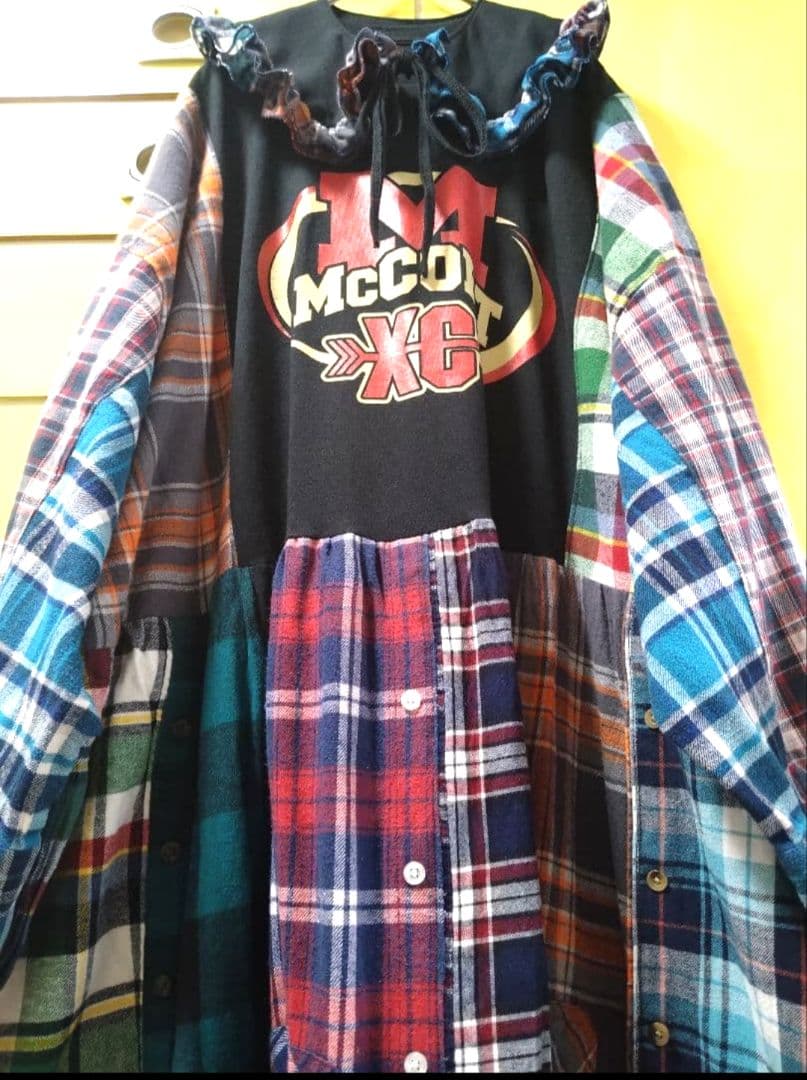 ネルシャツ＆Tシャツリメイクワンピース＆付け襟︎︎✤黒✤オーバー／フリーサイズ