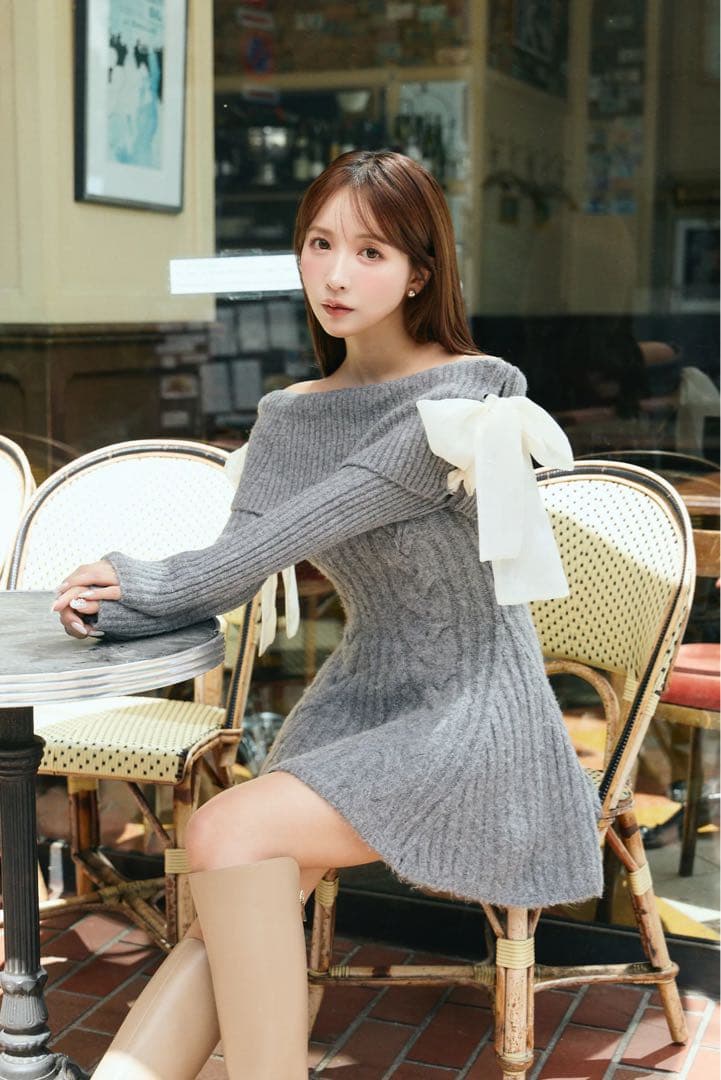 ワンピース Ribbon Off-Shoulder Cable Knit Dress