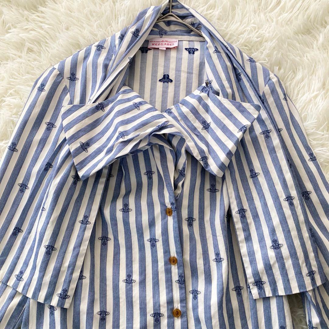 ヴィヴィアンウエストウッド リボン ストライプシャツ 3 オーヴ刺繍 ブルー