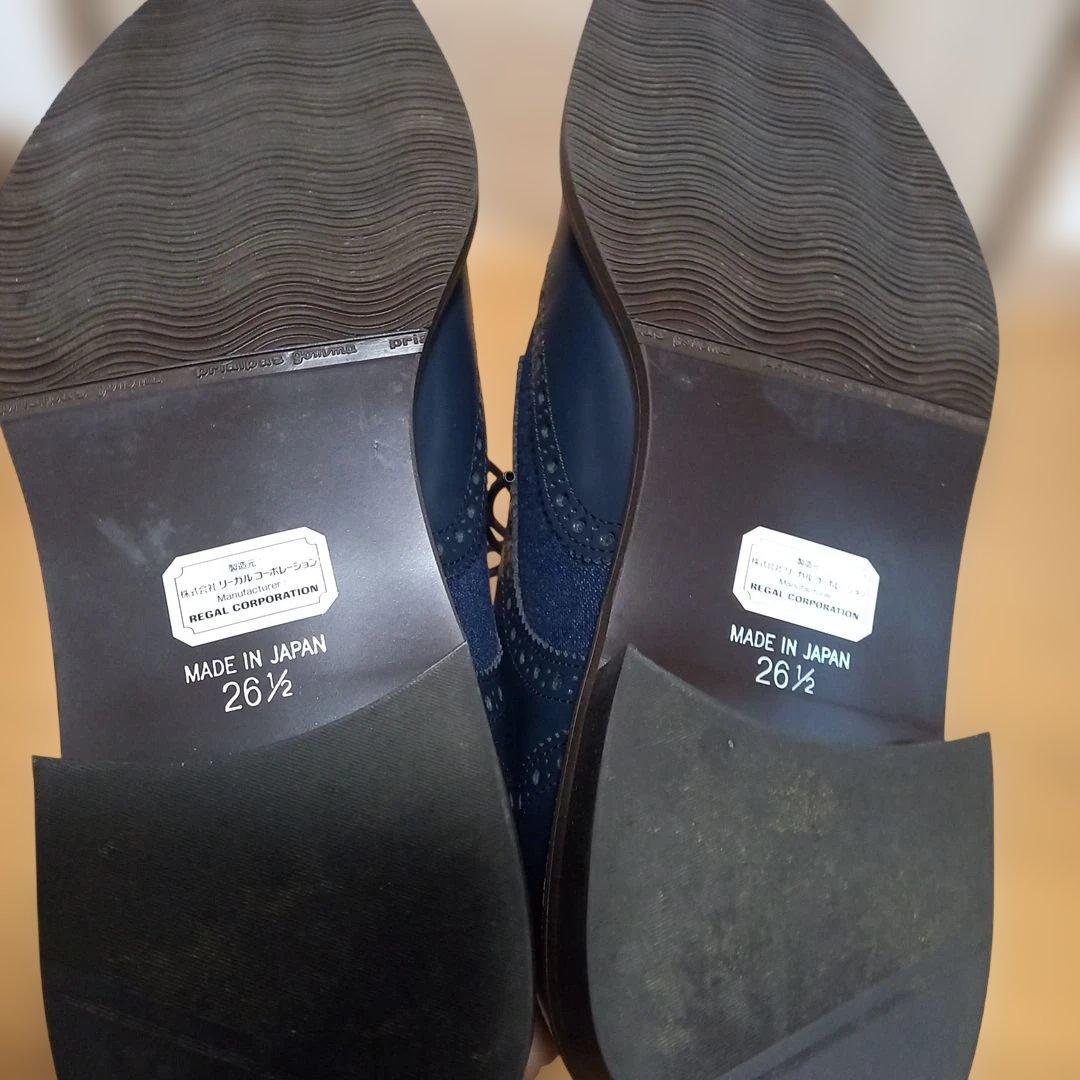 美品　REGAL　リーガル　ネイビー レザー デニム ウィングチップ シューズ