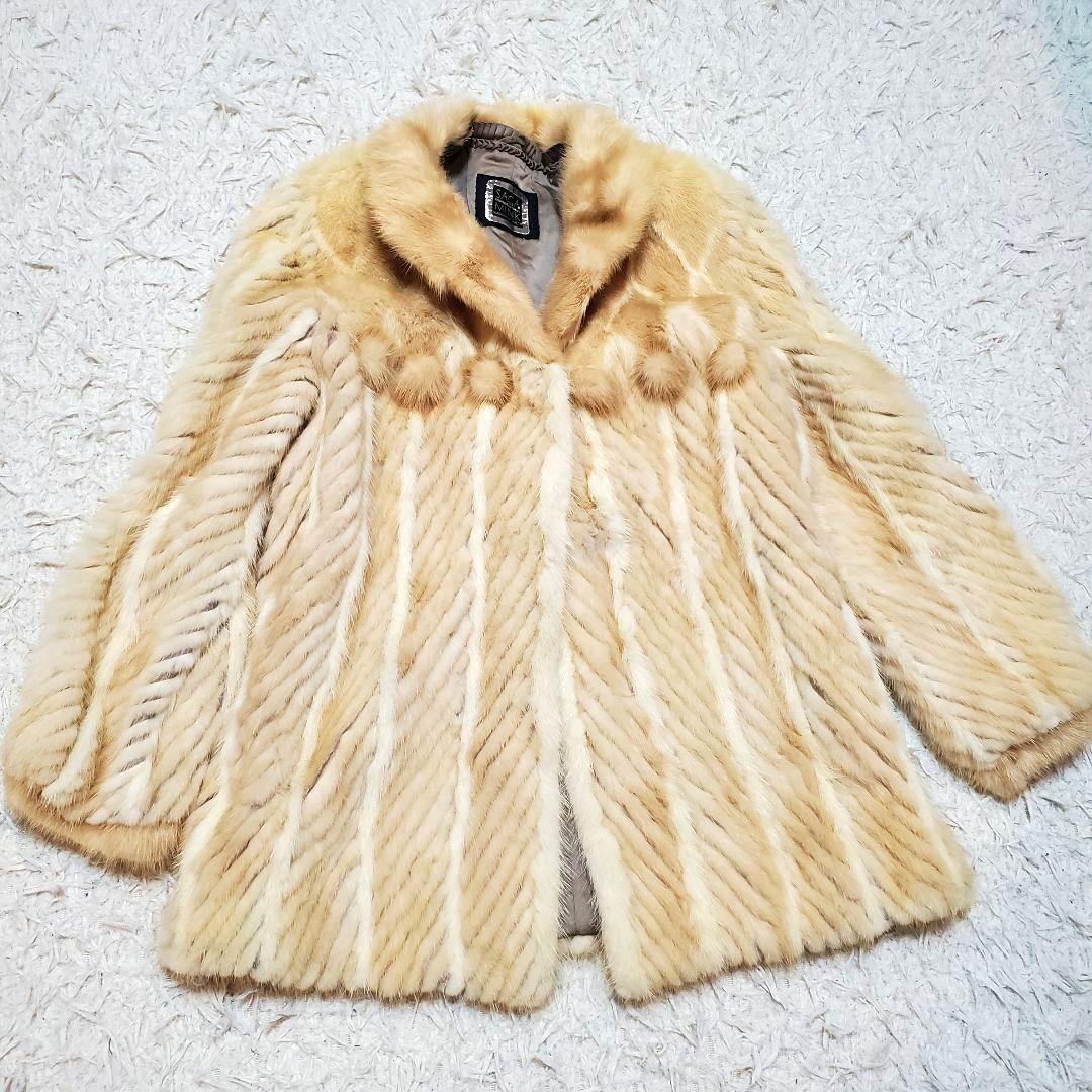 SAGA MINK サガミンク ファーコート ポンポン アイボリー系 サイズ11