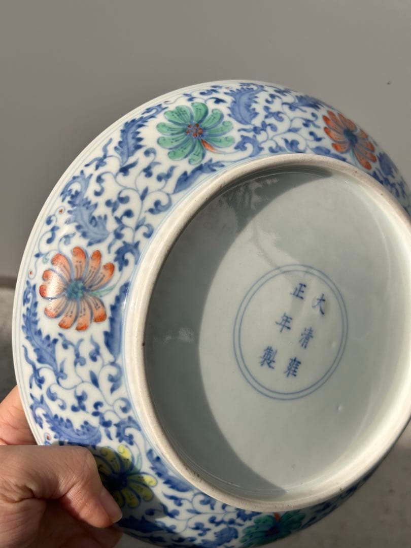 清代　大清雍正年製　青花染付 彩繪花卉文　古陶磁皿　中国古美術　時代物　骨董