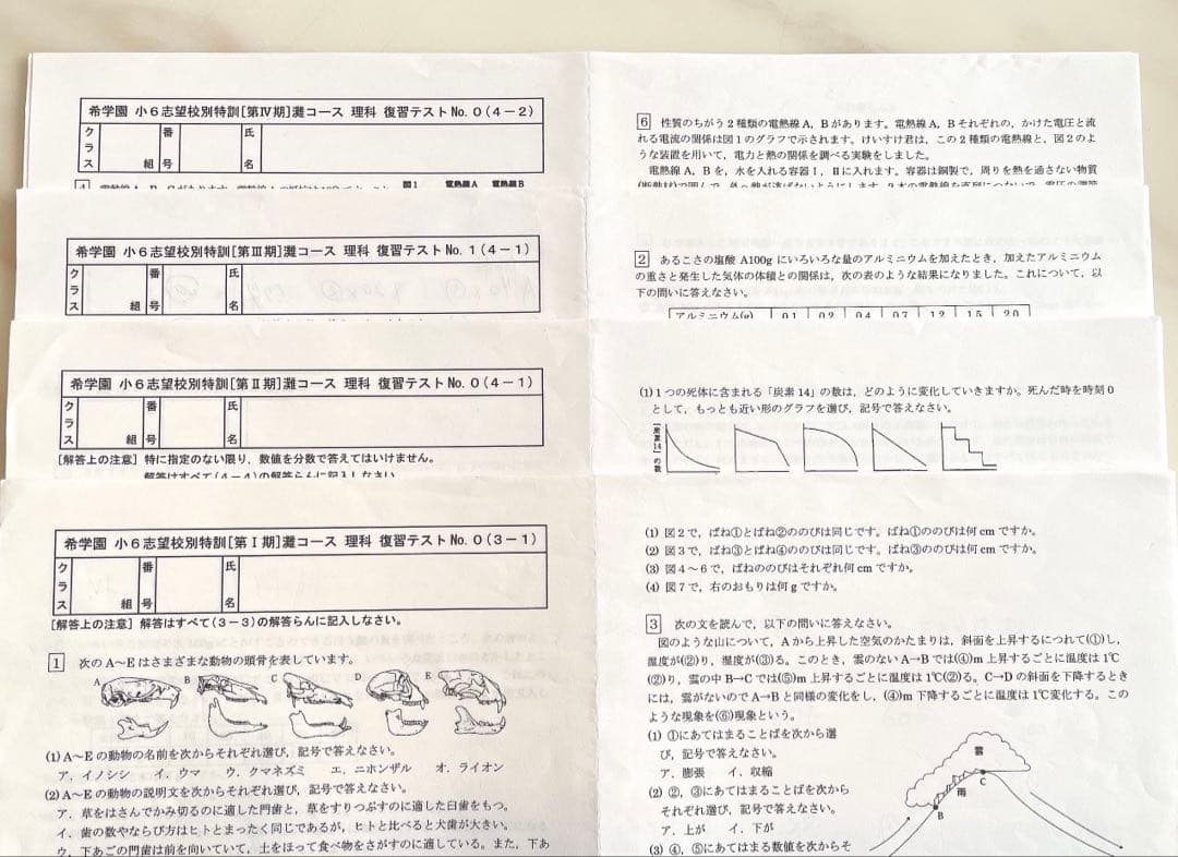希学園　小6 志望校別特訓　灘コース　理科　復習テスト　全期