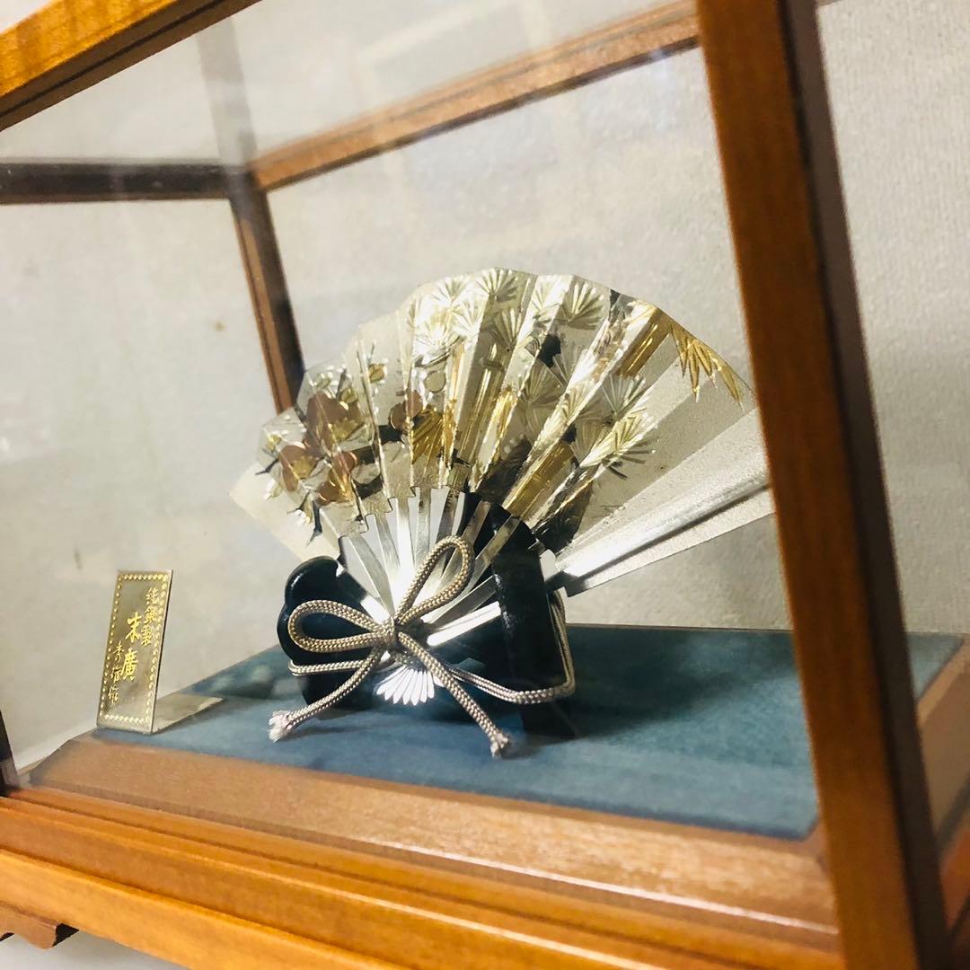 E26骨董品✨ 武比古作 純銀製 扇飾り 木製ガラスケース 置物 縁起物