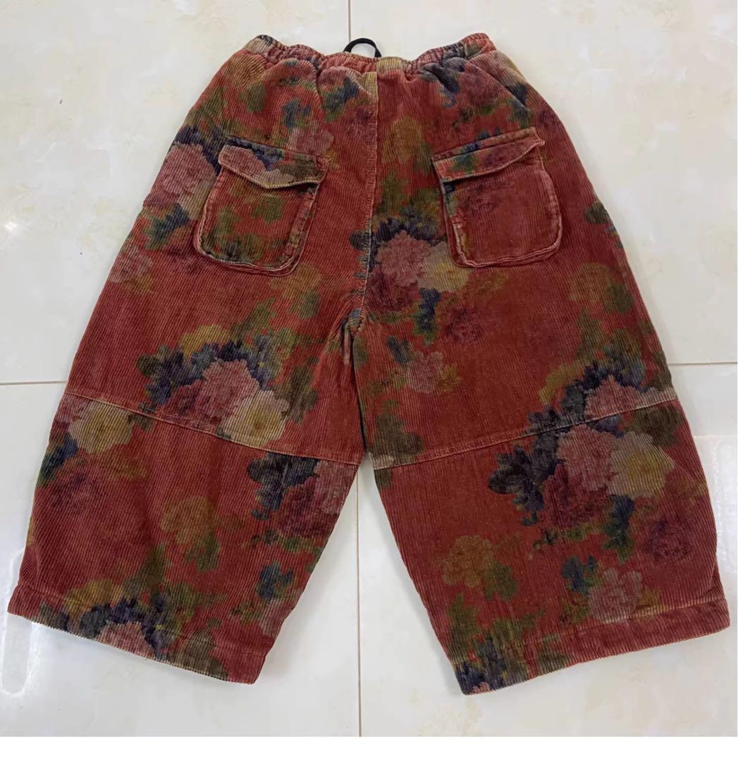 Tataナチュラル綿レディースベルベット中綿パンツ赤色緑２点セット